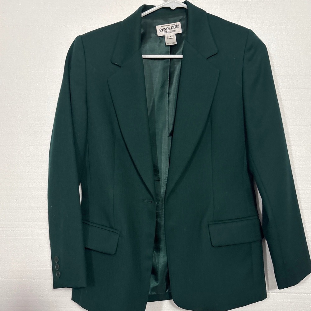 Pendleton Blazer Women 4P Green Virgin Wool Single Button Petite Classic Jacket